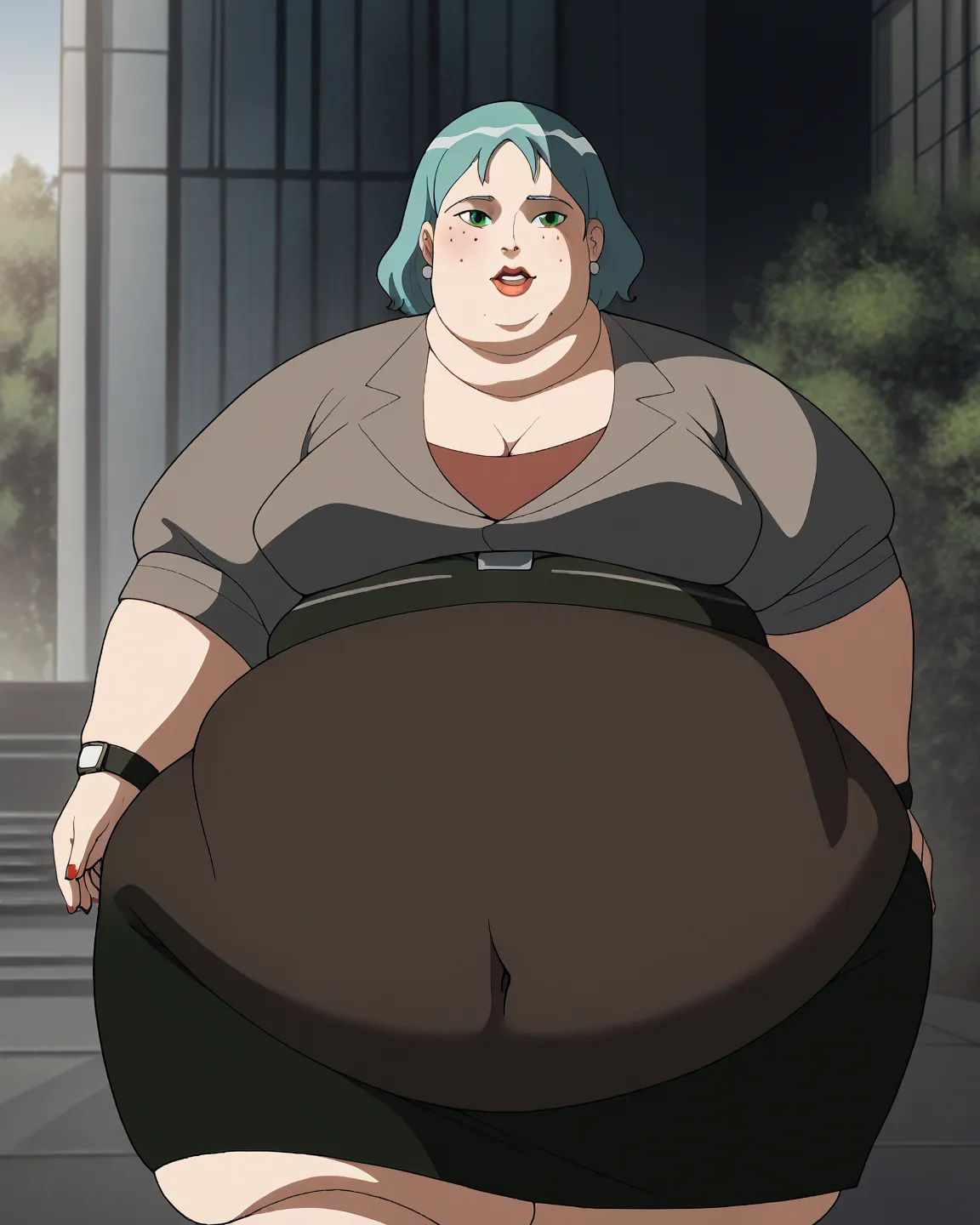 pepperpottemh(obeSe figure:1.5), 1 niña, Pencil Skirt,  green eyeS , chaqueta gris, lipStick, cola de caballo, cabello rojo, earringS, joyero&#39;S, maquillaje,  black Skirt,  señora de la oficina, formal,  pelo largo,  Llevaba un, Shirt, (clotheS that fit...