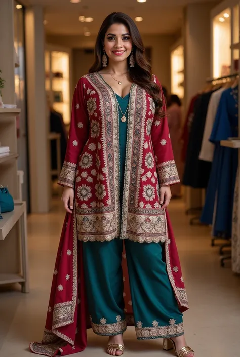 "A confident and elegant Pakistani woman with a curvy figure, dressed in a traditional yet modern outfit, showcasing her cultural heritage. She is wearing a beautifully embroidered *shalwar kameez* in vibrant colors like deep red, emerald green, or royal b...