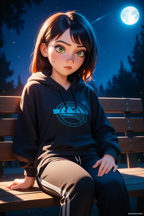 Pixar style girl sitting backwards hoodie, black sweatpants, H logo background on back, full moon at night