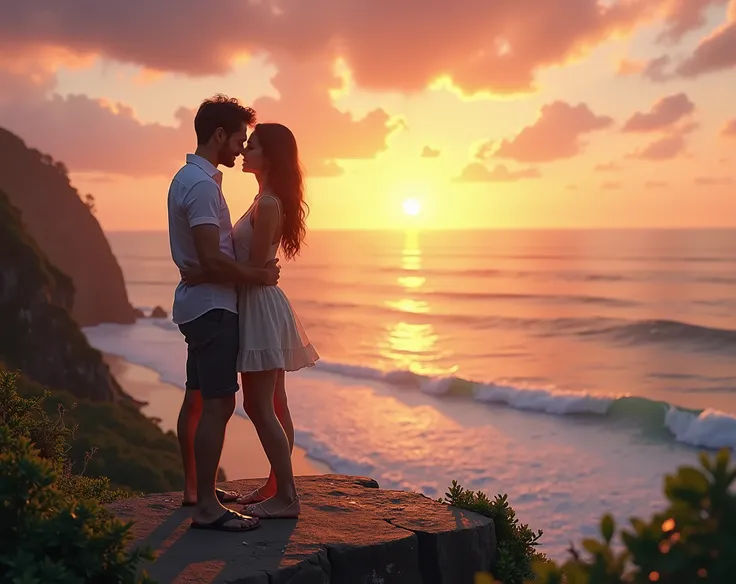 A couple in love, standing on right centre of frame. With a sunset on a cliff with the ocean in the background. Fix the guys hand