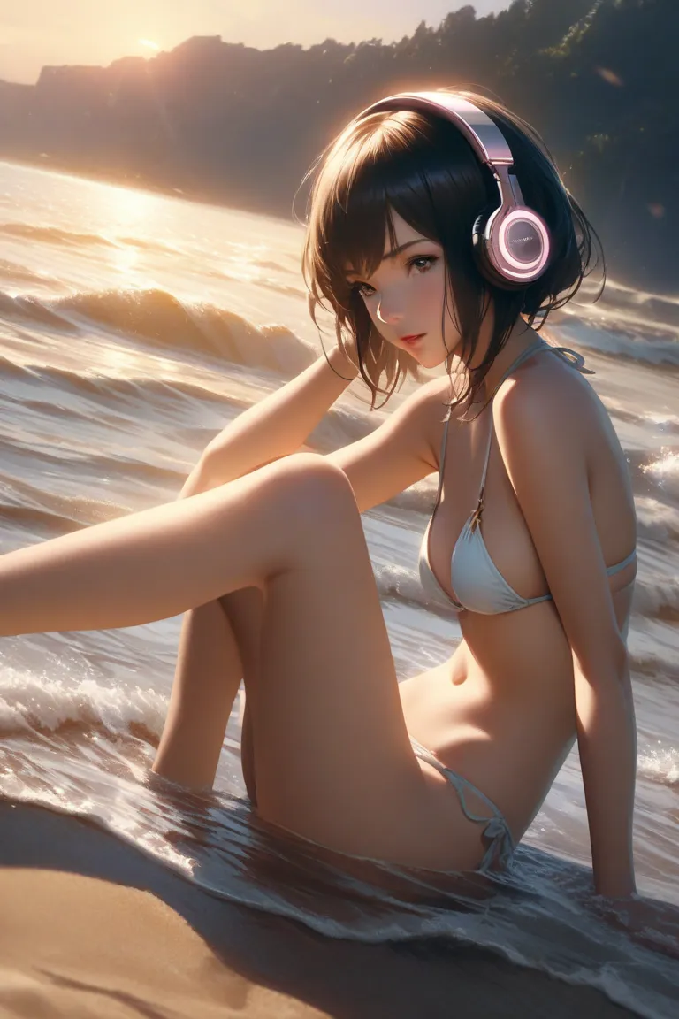 Mind Control、headphones、 bikini、sea、Black Hair Short Hair、 round and round