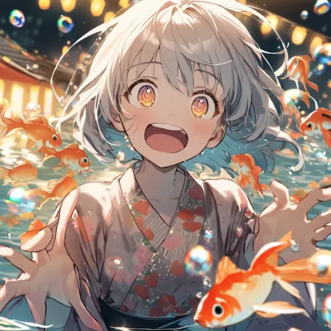 Girl in yukata covered in bubbles in the water, surprised expression when she meets a nice festival, girl's eyes show a nice festival, goldfish and various creatures swimming happily around the girl, bubbles floating in the water, very surprised with her m...