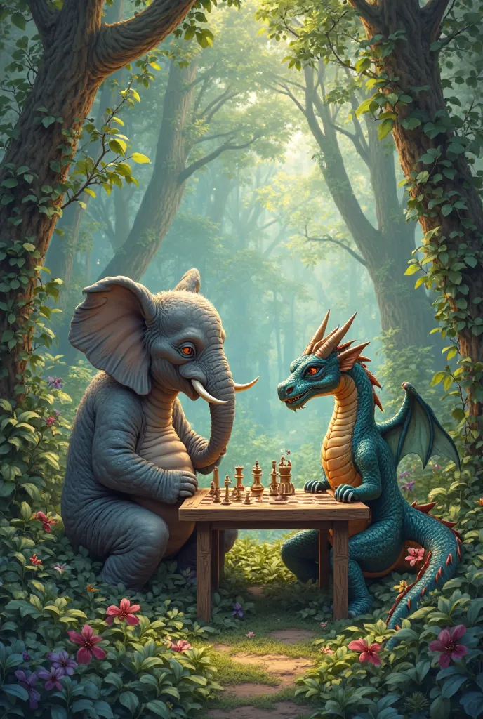 A elephant playing chess with dragon  on forest and the elephant without pants 