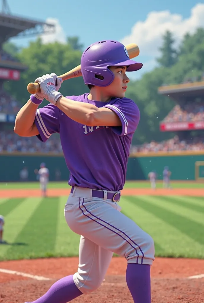 Jeon Jungkook playing baseball in a purple uniform