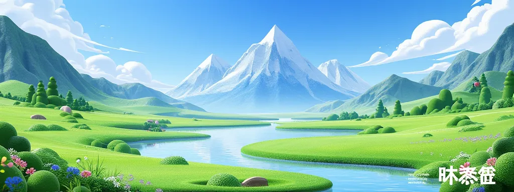 A beautiful, calm landscape with green grass, a flowing river, blooming wildflowers, and distant mountains under a clear, bright sky