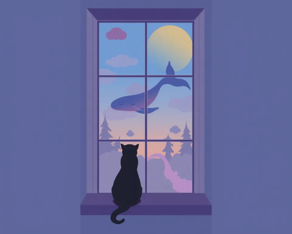 Black cat with its back looking out the French glass window, window with 4 glass partitions, CLOSED, low light inside the cat's room, warm light outside the window, View from the window of a sky with few clouds, a cloud in the shape of a whale,  evening li...