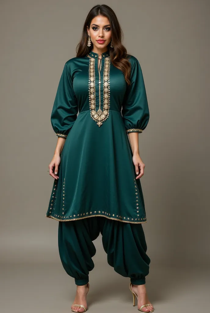 a tall and striking woman exudes confidence and charm with a flirtatious expression. She is adorned in a stunning punjabi style slimfit outfit featuring a arabian shimmer satin foil dark green fabric golden shiny kundan work with high neck kurti paired wit...