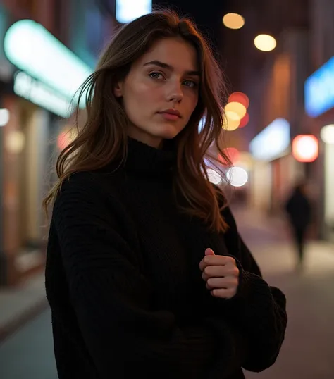 An extremely beautiful and charming age-old girl, who wears a translucent black sweater dress in the city at night,  nice body,  pretty face ,  shapely butt ,  shapely chest , realistic, Photography, natural light, Complementary colors, glowing mist award ...