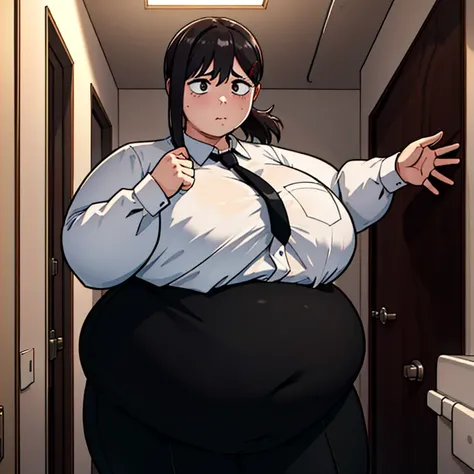  inner,  bathroom,uniform, White Shirt Commune, tie, Black pants,absurdities, high resolution,  ultra-thin, 1 girl in, Kobeni(obese figure:1.5), white collar shirt, tie,  Blood on clothes , [highly strung, open your mouth, sweat, own hands together,  const...