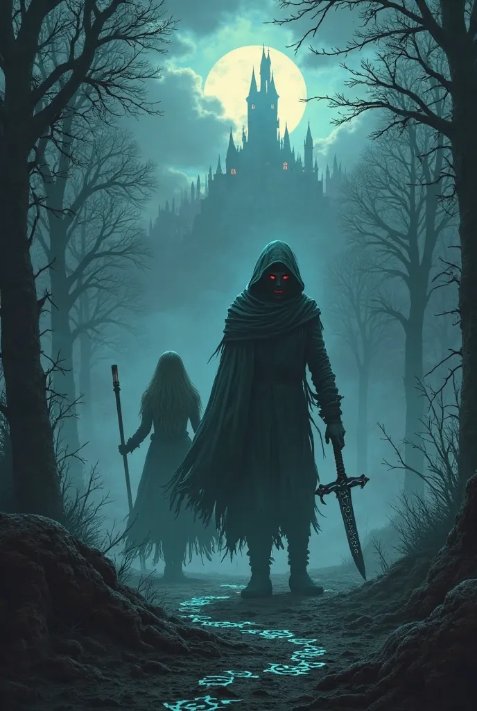 **background:**  
dark, a dark landscape with a thick forest,  shrouded in fog . In the background, you can see the silhouette of an ancient castle, illuminated by pale moonlight. The sky is filled with heavy clouds, through which rays of blood red light b...