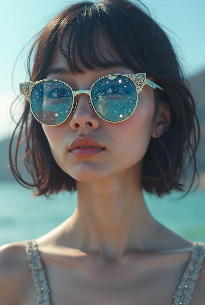 The model is wearing glass sunglasses with stars and the moon on the glass