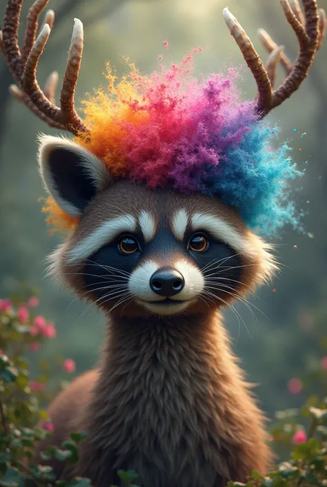 Deer with the head od racoon and RGB short afro hair