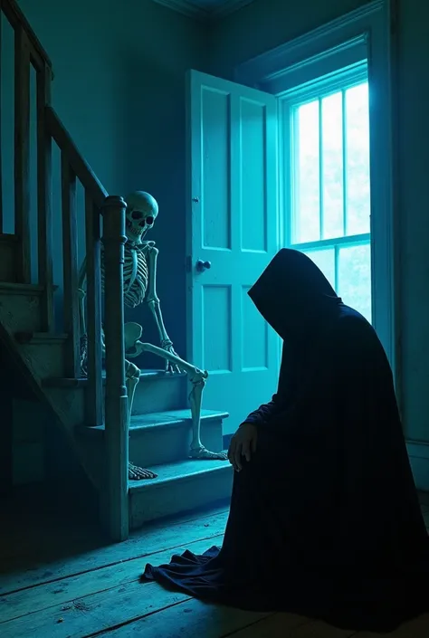 "A dark and eerie wooden staircase in an old house, dimly lit by cold blue moonlight. A skeleton sits on the stairs, facing a hooded, shadowy figure in a black cloak, who is crouched with their head lowered. The atmosphere is mysterious and unsettling. The...