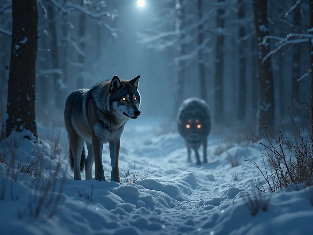 "In a snowy environment, only the light of a flashlight is visible, and in the distance, a wolf with glowing eyes is staring."