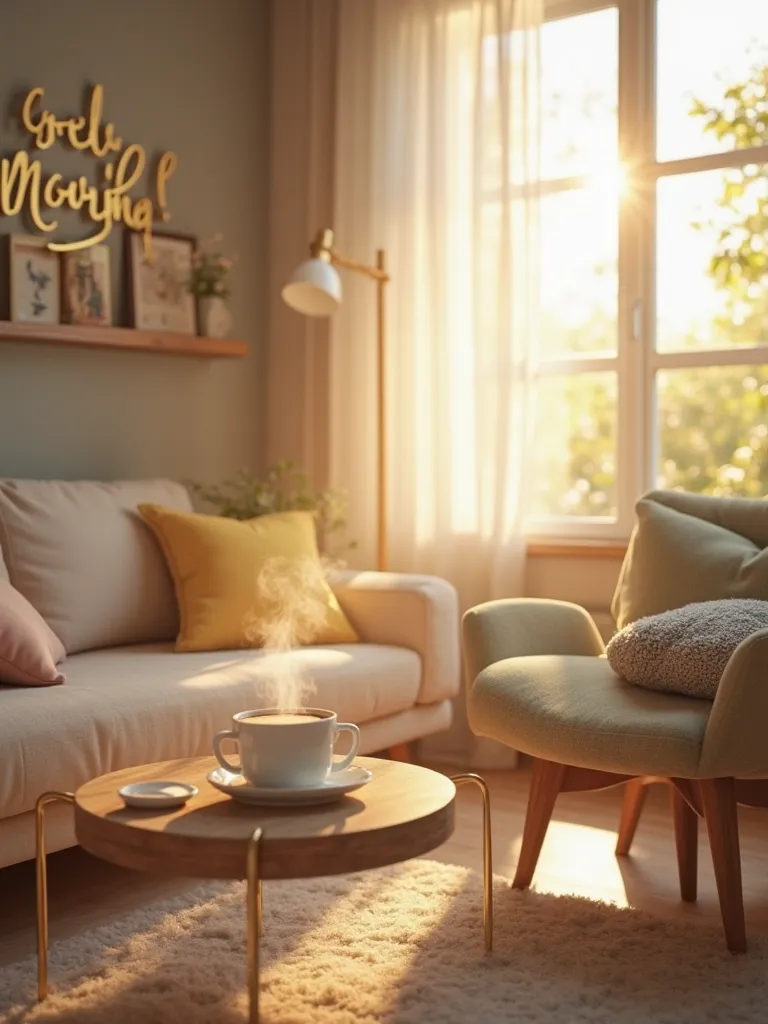 /imagine prompt: "A bright and cozy morning scene featuring a beautifully designed living room with stylish furniture from a furniture manufacturing company. Soft sunlight streaming through the window, a steaming cup of coffee on a side table, and a 'Good ...