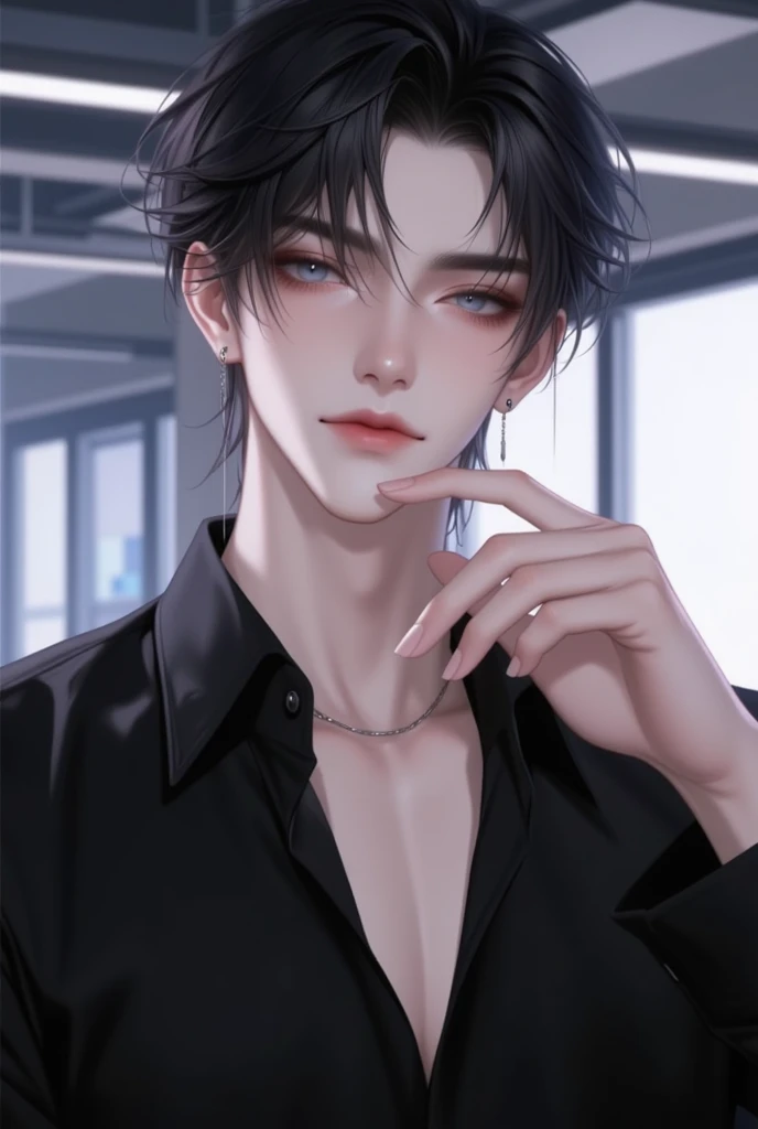 male, age 27, Pale skin, semi Pseudo-realistic style, semi realistic, a handsome man with dark brown hair and dark blue eyes, tall, muscular, wearing black shirt, office, anime semi-realism, 4k uhd, professional art, Muted Palette, Golden Ratio Composition...