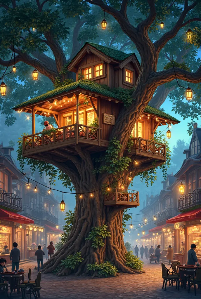 No-People's Tree House Cafe，Night street scene