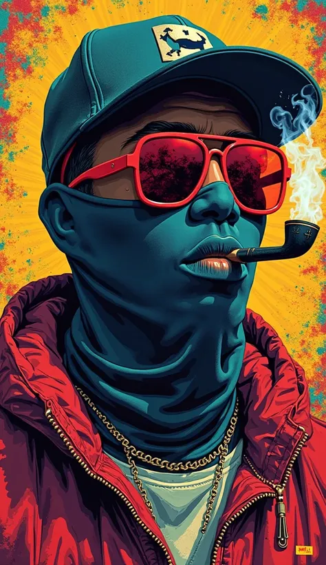 pop art style poster ultra realistic filagram screenprint with headline "DEEP STATE presents PICASSO ESCOBAR" avec B-boy avec des lunettes rouges casquette cagoule et qui fume la pipe 
