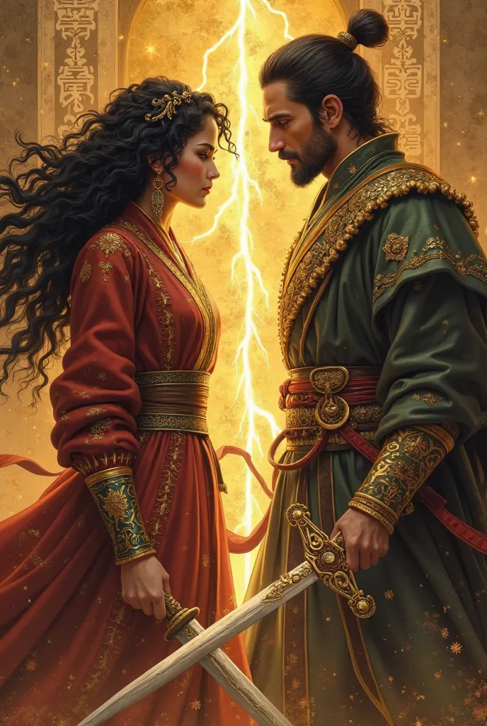 fantasy book cover of a   girl (american tall, dark glowing skin, long black curly har with golden stibs , likght brown eyes almost golden, wearing a british coat) fighting with a sword with an midle aged man(chineese looking, dark hair slick and short,no ...