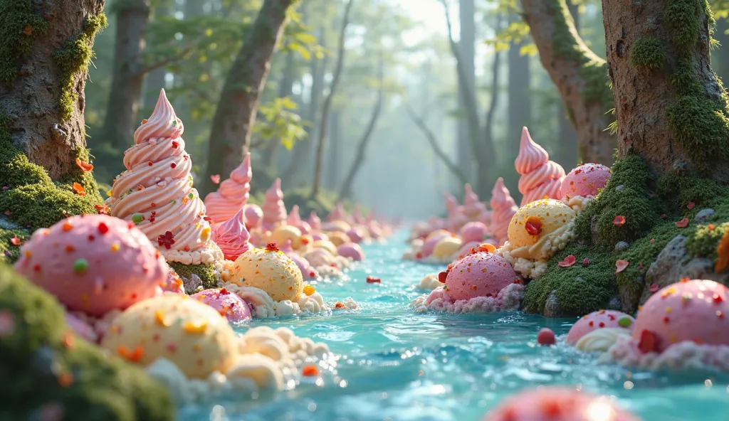 A 3D image of an  unstoppable flood of colorful variety of  ice cream in middle of the forest 