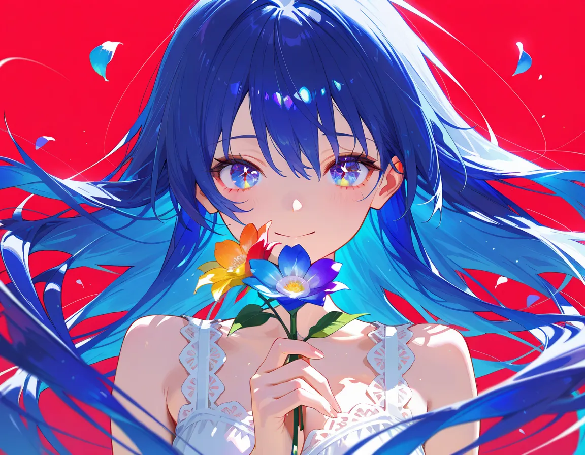 748cmstyle, beautiful anime girl, long flowing blue hair, bright and cheerful expression, sparkling multicolored eyes, detailed irises, vibrant reflections, dynamic wind-blown hair, colorful flowers and petals floating, vivid red background, high contrast,...