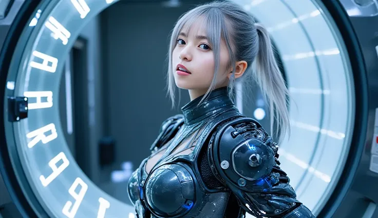 Beautiful  cyborg girl, Highest quality,  4K resolution , photorealistic,   beautiful woman with perfect skin  ,  beautiful Japanese woman, charming smile,  pale blue eyes, intricate Mechanical neon  cyborg body, very intricate futuristic  cyborg body,  he...