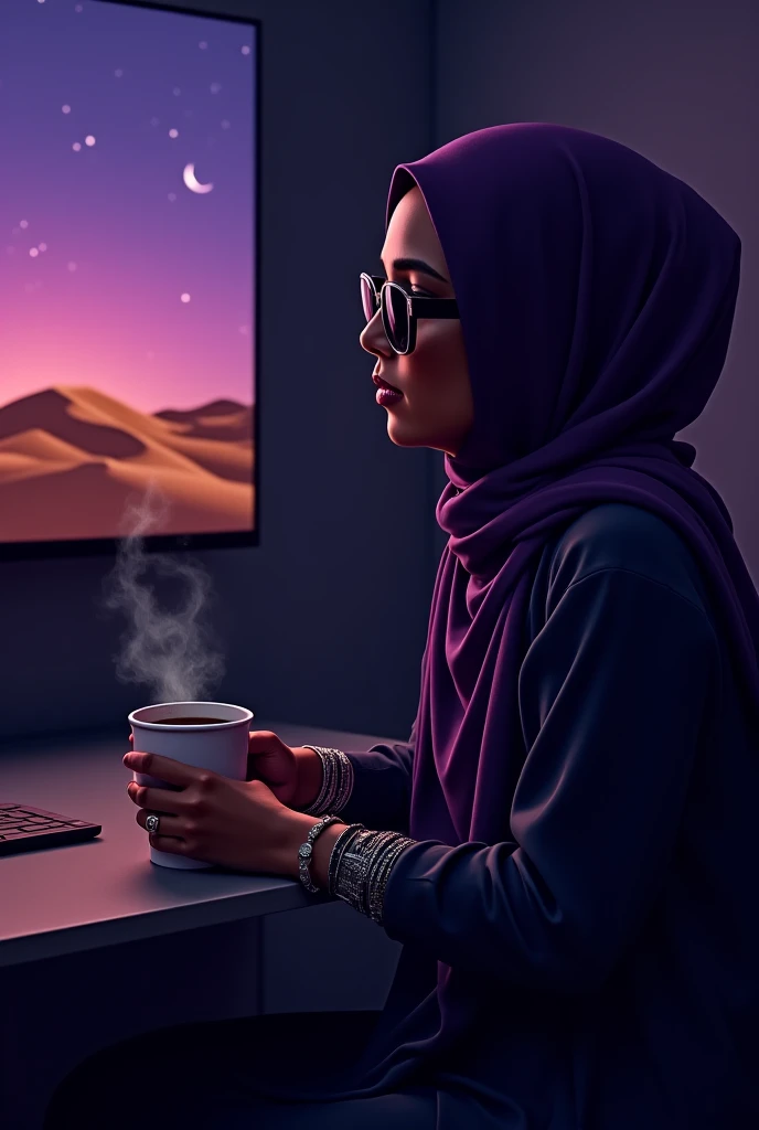 Draw me Here’s a vivid, atmospheric description of the scene you’ve outlined, blending silence, introspection, and subtle storytelling:  

---  
**"Unspoken"**  
A 25-year-old Somali woman sits in the quiet glow of her dimly lit room, her purple hijab fram...