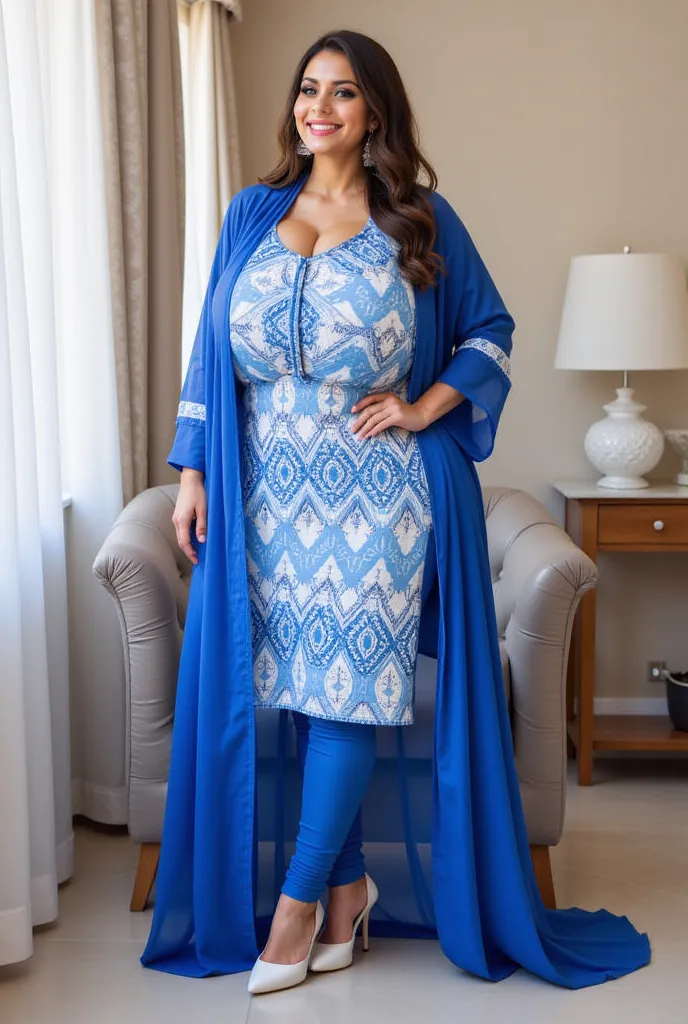 She was a busty hot Indian milf in her mid-30s standing in her flat ,as a side slit revealing blue leggings underneath. The design on the kurta is a geometric pattern of white, light blue, and dark blue zigzags and diamonds. The kurta is overlaid with a lo...