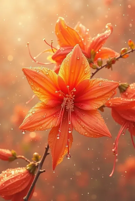  realistic photo ,Inflorescences of several orange fuchsia hybrida flowers,Many drops of water