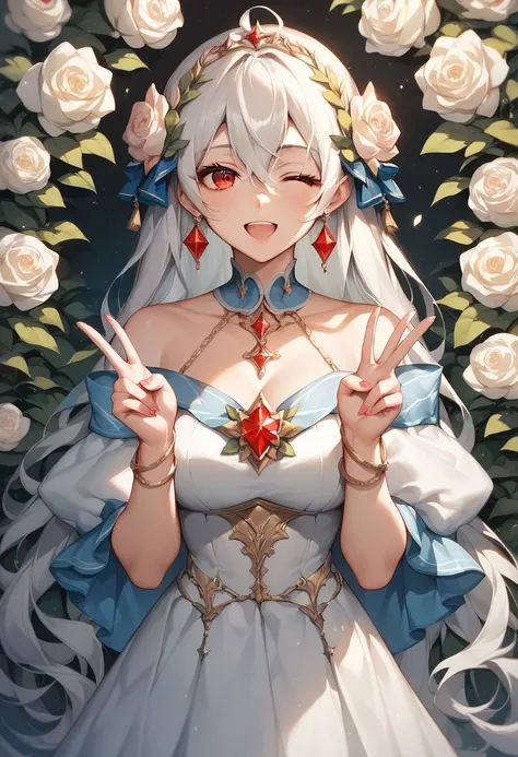 Score_9, Score_8_up, Score_7_up, ( masterpiece, is best, is very beautiful, super detailed), intricate details, 1 Girl, Eliasvier von Einzbelen,  \(series\), White hair,  red eyes, stretch with one eye closed,  open mouth , skirt, Double V,  Smile,