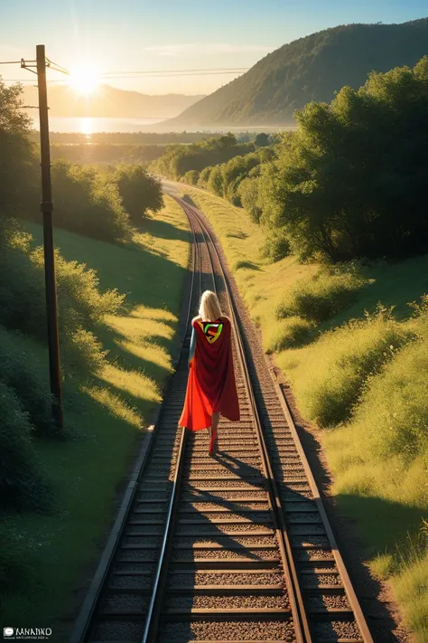 red s supergirl logo on a yellow suit. A stationary view of walking along the railroad