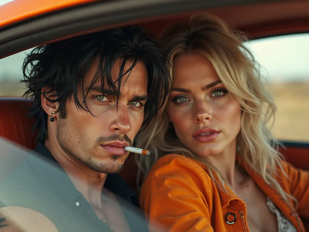 Brunette punk type, menacing handsome American man with faded black hair. Beautiful Ukrainian woman with ash blonde hair and pale green eyes. The man has a cigarette in his mouth, the woman sits on his knees in the orange Bugatti Veyron, they drive the car...