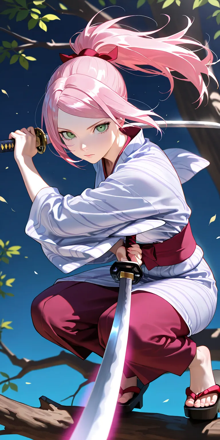 Masterpiece, newest, vibrant, very aesthetic, high contrast, mature woman, sakura haruno, pink hair, pony hair, straight hair, high ponytail long hair, light green eyes, pink thight yukata, clogs, full body, expressionless, sharp eyes, night on the deep fo...