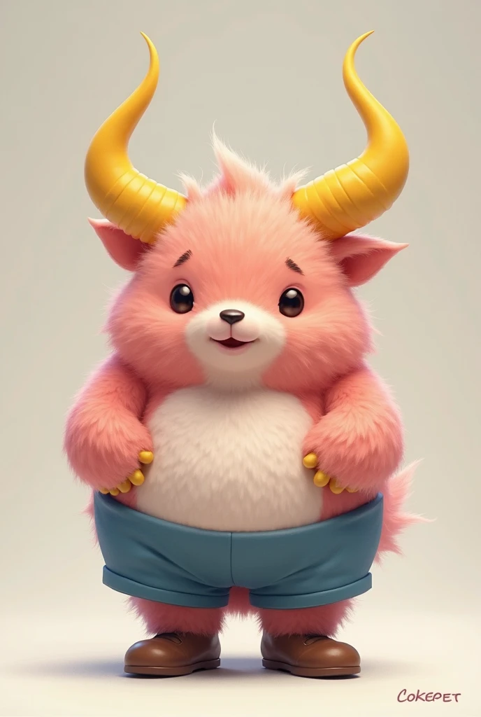 a small animal has yellow horns and  Pink Body hair, solo, standing, full body, horns, shorts, straight-on, brown footwear, blue shorts,