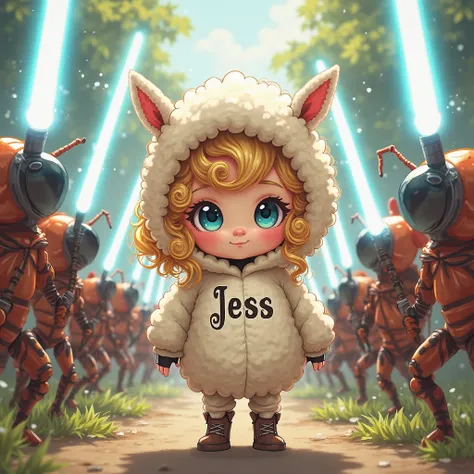 Chibi-style drawing of a girl wearing a fluffy sheep costume, with big blue eyes and curly blonde hair. On her chest the name Jess with pretty letters. Surrounded by ant soldiers with lightsabers