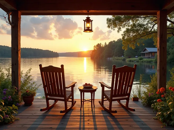 This image captures a tranquil lakeside scene at sunset, viewed from the covered porch of a rustic cabin. The sun is setting on the horizon, casting a golden glow across the sky and reflecting beautifully on the calm water. The sky is a blend of warm orang...