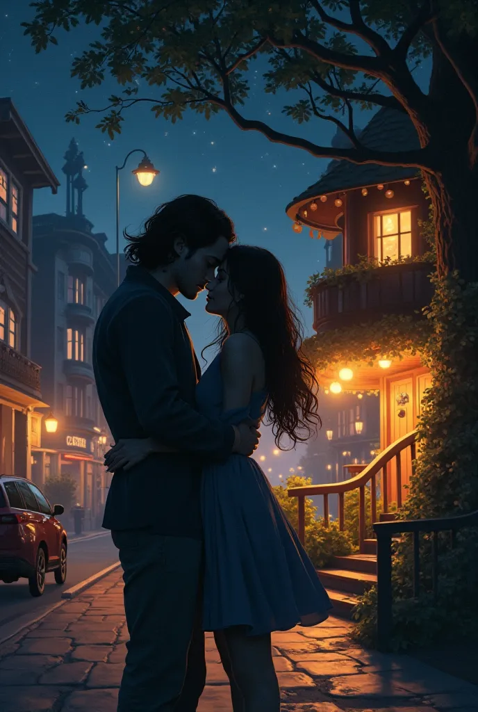 Little Tree House Cafe，Night street scene，Silhouette of long-haired man and short-haired woman hugging