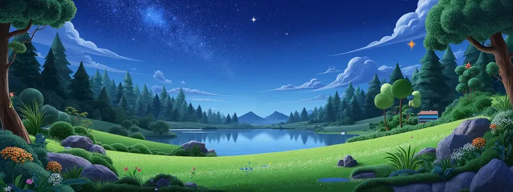 Quiet night forest scene，lawn，Surrounded by small rocks and shrubs，Quiet river reflecting the starry sky，Colorful flowers scattered on the meadow