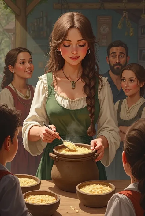 Maiden with a beautiful brown haired girl holding a pot with porridge in it helping people eat