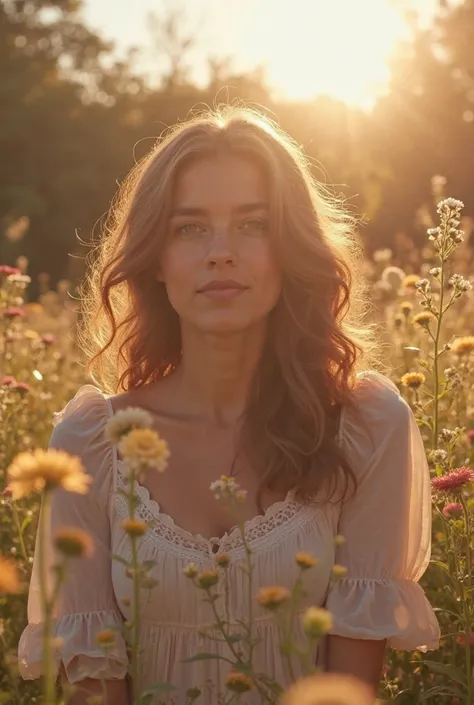 A soft, romantic design featuring a young and stylish girl with wavy hair basking in the warm sunlight amidst a garden full of delicate flowers. The colors should be natural and warm, earthy tones that evoke a peaceful and relaxed atmosphere. The backgroun...