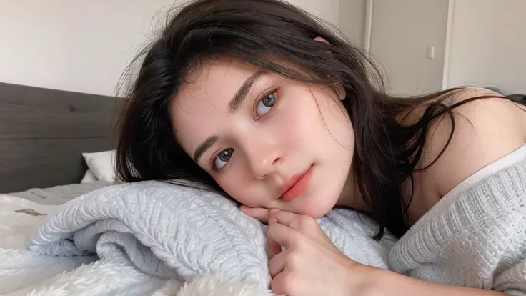 1 Girl, Beautiful, Baby Face, 20 Years Old, White Skin, , , Skinny, bare shoulder ,  ,1girl, long messy hair, black eyes, ,  lie down on bed, ((blanket covered her body)), full body, sweaty, absurdres, high res, ultrasharp, 8K, masterpiece, looking at view...