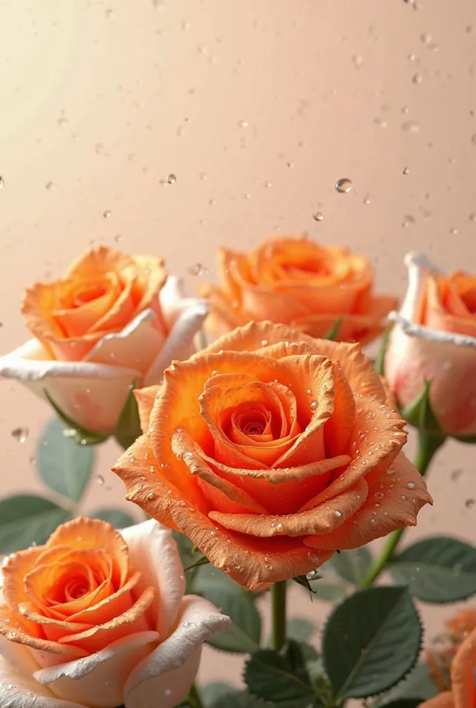  realistic photo ,Inflorescences of several orange bicolor rose flowers,Many drops of water