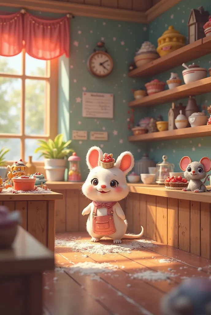 Meet the Tiny Bakers 
Inside the bakery, a trio of mini creatures bustled about. Boppy, a plump and cheerful little baker with oversized ears and the fluffiest tail, was busy measuring flour near the countertop. Sprinkle, a tiny fairy with shimmering wings...