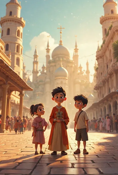 A  boy with white skin and black eyes named Omar. in the morning. The village sheikh honors Omar and his friends. A wide view of the vast castle square . A fictional cartoon film
