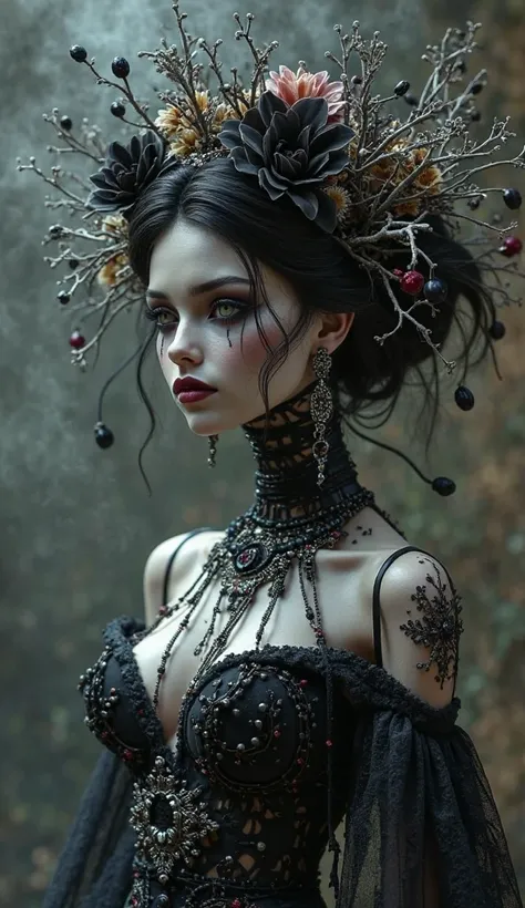  Photo of Barbie Katrina's front end on Day dead , unusual pose, elegant black gothic haute couture dress , wearing lots of silver jewelry  ,  ((  Organic  symbiosis ))   silver and obsidian, attached to an intricate ,  cempasuchil flower arrangement on he...