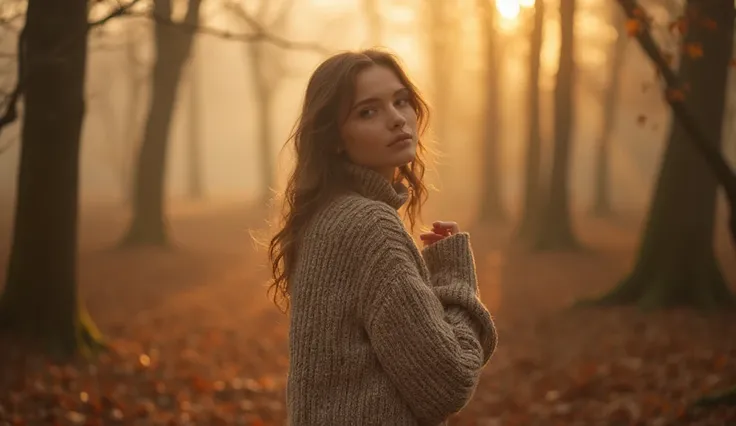 A European woman with glowing, youthful skin stands in a misty autumn forest, the golden light of the setting sun peeking through the trees. She tilts her head slightly, closing her eyes as she softly touches her jawline, lost in thought. The crisp air car...