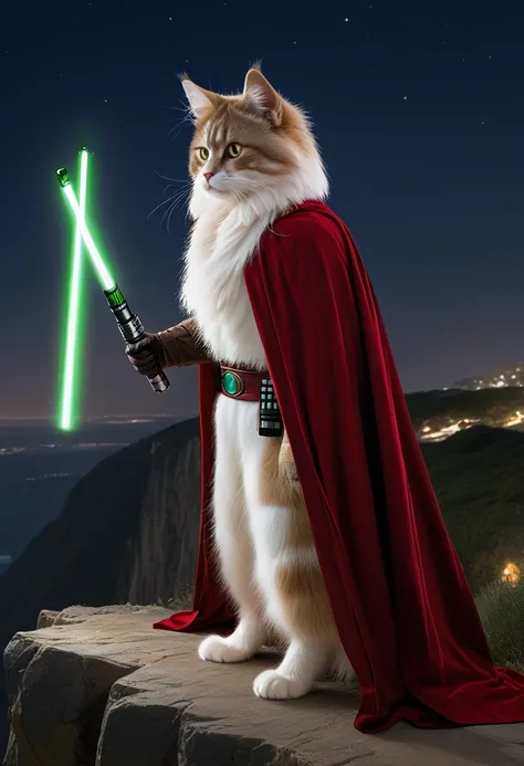  masterpiece in maximum resolution of 16K . | ( side view:1.3), vxypwld style ,   pretty vixy by palworld  ,  big green eyes,  Beige and white fur ,  big fluffy tail, chest tuft, (( standing proudly on the edge of a cliff and holding a red lightsaber,  wea...