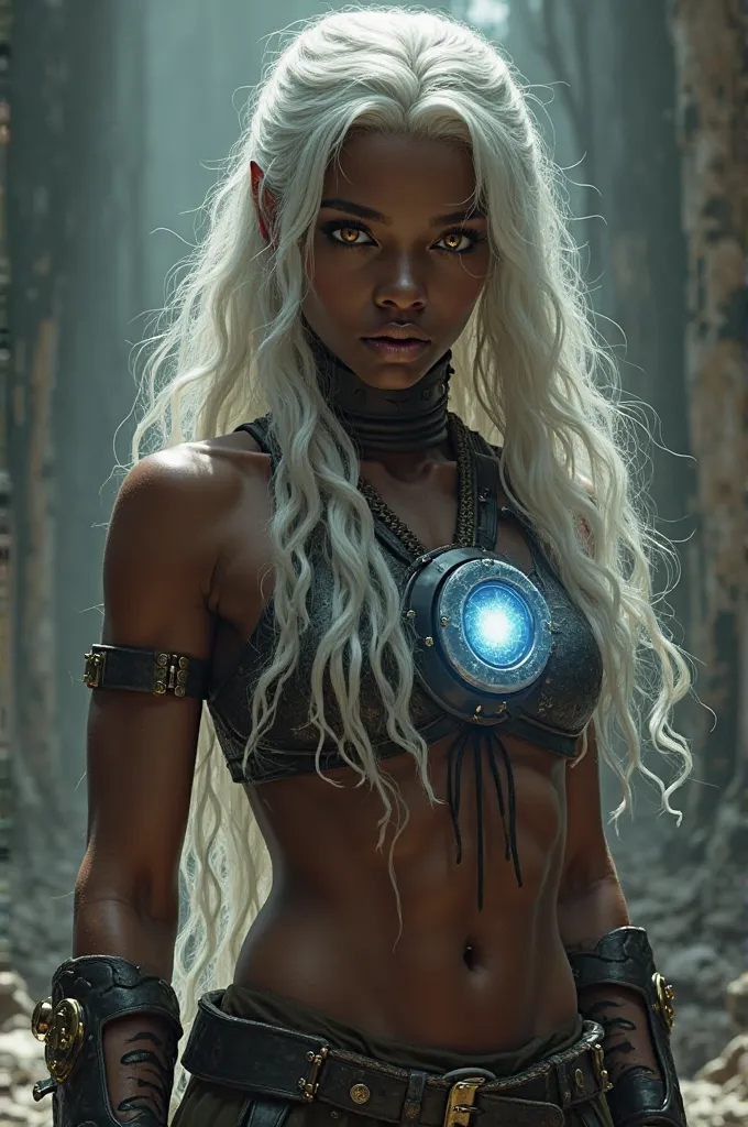  Dark-skinned young woman , long white wavy hair,  shirtless and muscular , reactor in the chest,  golden eyes, boxer, wearing two medieval mittens