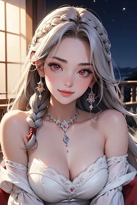 (Highest quality,  masterpiece:1.2), High Resolution, The best  masterpiece、very well detailed, realistic:1.37,   fantasy,  illustrations,gray hair、 ((red eyes)). queen, white dress、beautiful、 Eye Shadow Red 、 thick eyebrows、long lashes for muscular body、L...