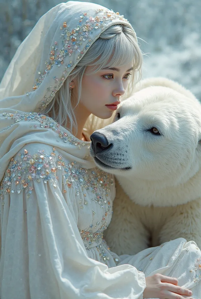 Femme cheveux courts gris frange sur le front yeux bruns vêtue d’une robe blanche à capuche incrustée de cristaux multicolores est assis avec un ours polaire 